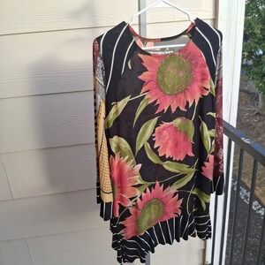 Nothing Matches Mixed Print Floral Striped Ruffle Hem Tunic Top Boho Women